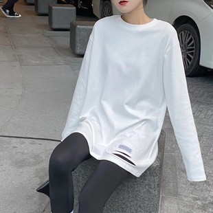 内搭秋冬洋气打底衫 元 熙796破洞贴标白色纯棉T恤女磨毛加厚中长款