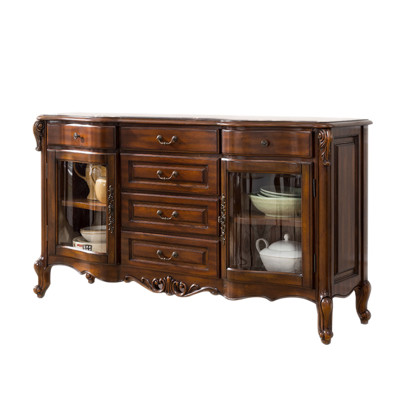 美式全实木餐边柜玻璃门双门碗柜欧式餐厅边柜1.6m茶水柜子纯实木