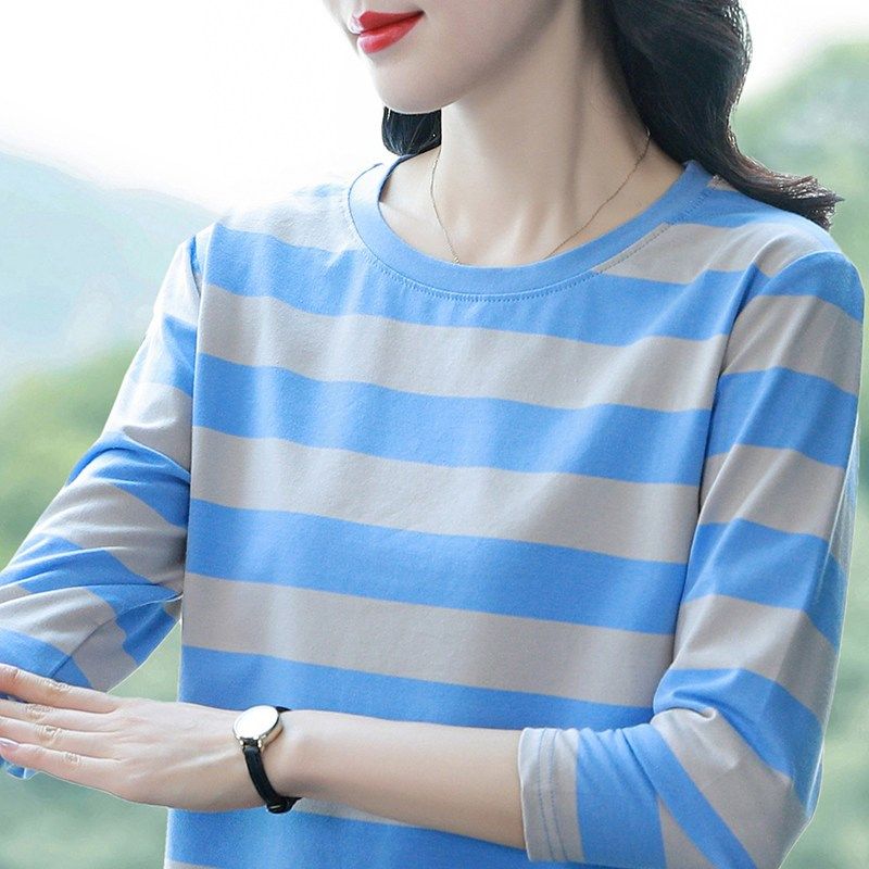 妈妈t恤长袖纯棉2025年早春z秋衣新款女士条纹打底衫宽松大码内搭