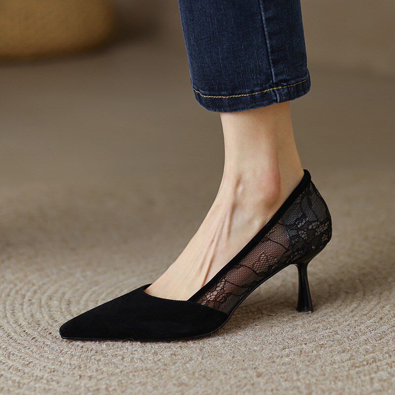 优雅黑色网纱高跟鞋女细跟2024春秋新款蕾丝小跟绒面镂空尖头单鞋