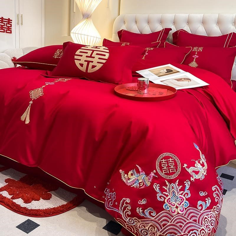 中式100支结婚四件套红色婚庆被套婚房喜被床单陪嫁床上用品4