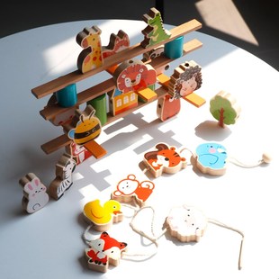 大颗粒串珠实木积木儿童穿珠子益智玩具宝宝蒙氏叠叠乐1教具2岁3