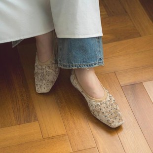 日系法式高级感浅口方头单鞋女鞋子一脚蹬平底瓢鞋黑色豆豆鞋