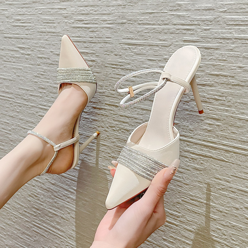 2024年春夏季新款外穿水钻尖头拖鞋女两穿半拖鞋一字带细跟高跟鞋,女鞋,浅口单鞋,淘宝优惠券,粉丝福利购,淘宝优惠卷
