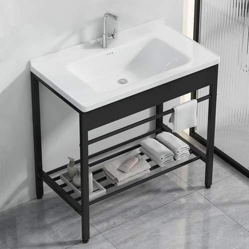 阳台落地式洗手盆一体陶瓷卫生间洗D脸盆简约不锈钢支架洗漱池防