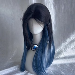 【星宿狼】男女长直发黑蓝拼接挑染高层次水母鲻V鱼头假发全头套