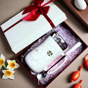 办公室保温女家用口杯有盖大号带把手可爱陶瓷条纹喝水杯子