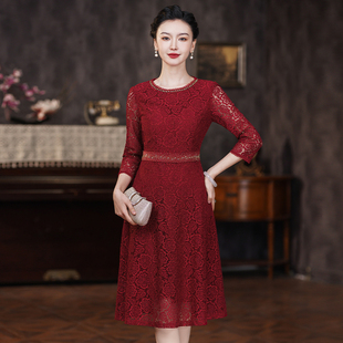 喜婆婆婚宴礼服裙2024新款红色蕾丝喜庆妈妈装气质大码晚宴连衣裙