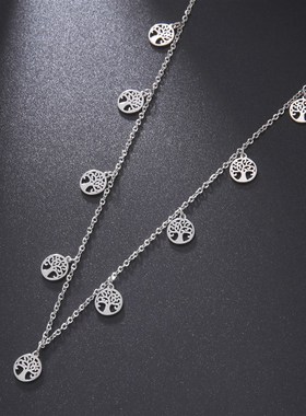 外贸热卖款9个环中弯镂空小树吊坠 女士气质百搭不锈钢锁骨链项链