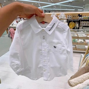 长袖 韩国童装 帅气白色刺绣小翻领百搭衬衫 儿童时尚 衬衣 24秋新款