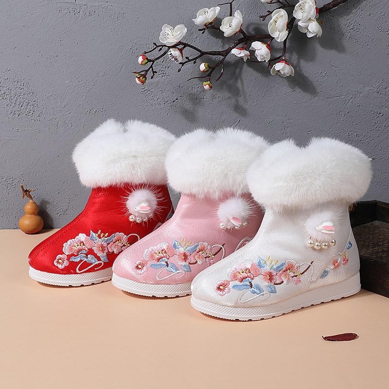 卉馨棉靴  加绒古风鞋冬季棉靴汉服靴子女童绣花鞋儿童拜年古装鞋
