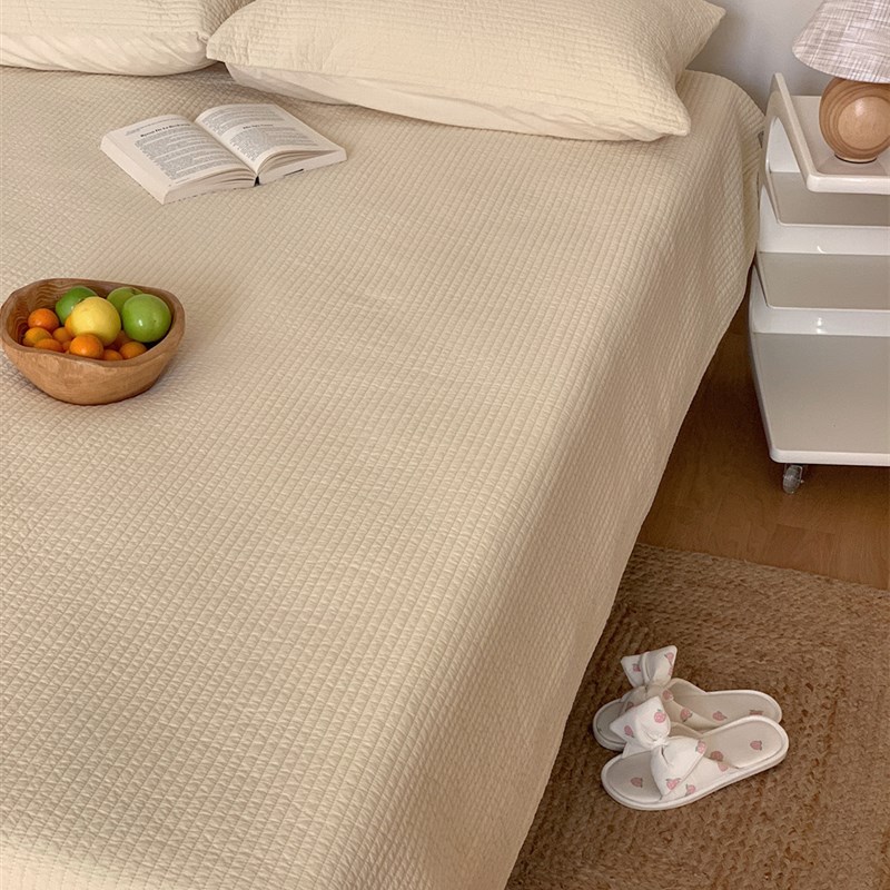 韩系流苏全棉绗缝床盖三件套温柔素色夹棉榻榻米垫子纯棉床单夏被