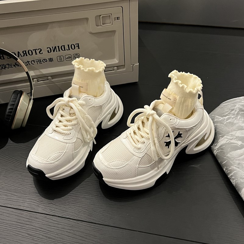 厚底增高老爹鞋女款2025新款春季超火十字花休闲跑步运动小白鞋子