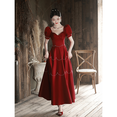 敬酒服新娘订婚礼服轻奢小众高端中长款缎面连衣裙日常可穿回门服