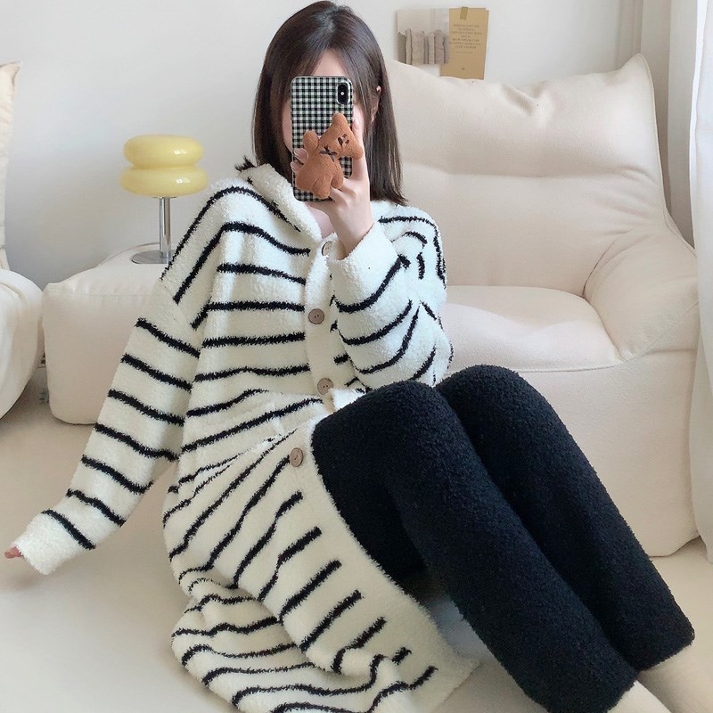 条纹连帽加长f版软绵绵家居服套装秋冬加厚保暖开衫半边绒睡衣女