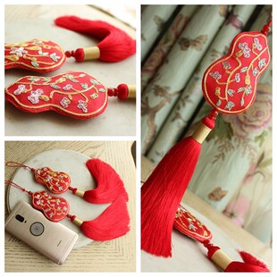 一对价!  葫芦挂饰 双面手绣红色真丝流苏中式喜庆车挂饰