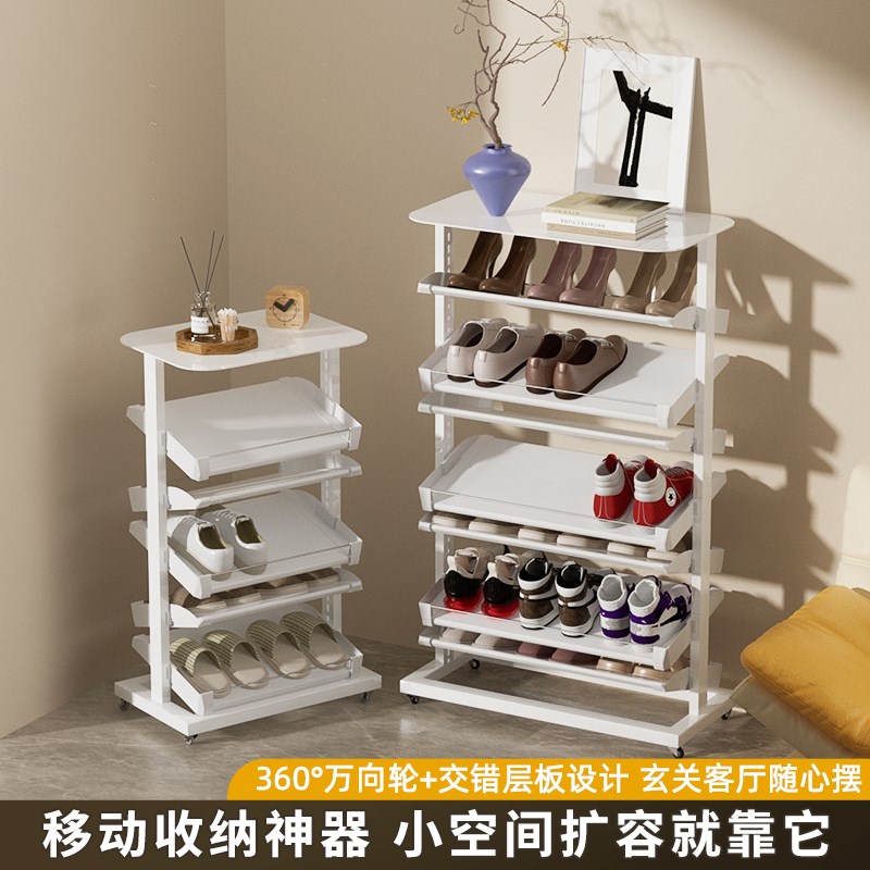 2025新款鞋架子家用门口多层不锈钢带轮子旋转可移动家用收纳鞋柜