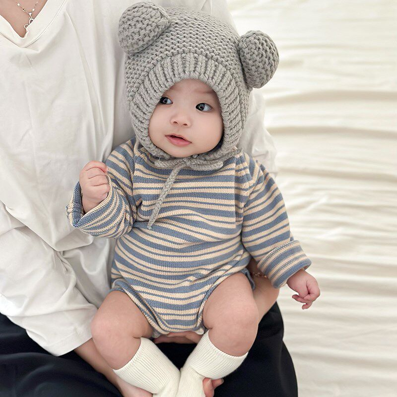 新生儿秋季针织连体衣婴儿简约条纹包屁哈衣男女宝宝满月外出爬服