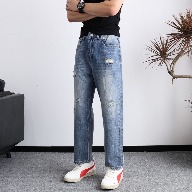 复古蓝色水洗破洞牛仔裤男2025新款夏季宽松直筒美式潮牌九分裤子