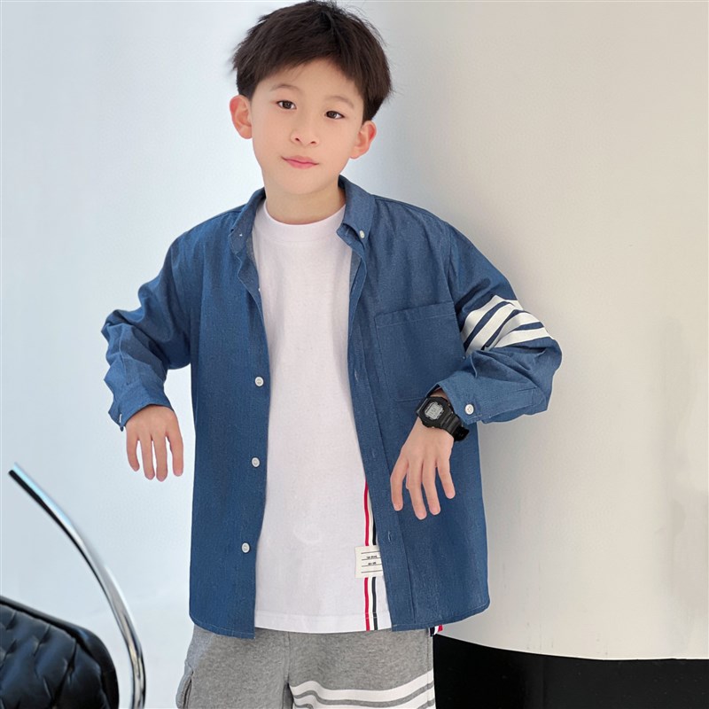 儿童牛仔蓝色衬衫春秋季男童薄开衫外套翻领衬衣潮酷童装男孩长袖