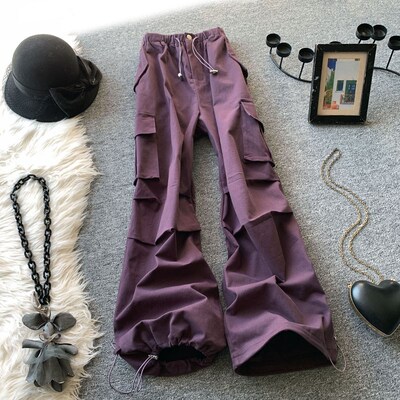 紫色美式工装裤女秋季复古高腰运动束脚裤宽松显瘦休闲牛仔阔腿裤