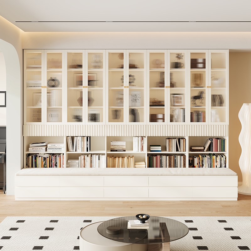 实木定制卡座书柜一体整墙客厅橡木玻璃展示柜满墙置储物落地书架