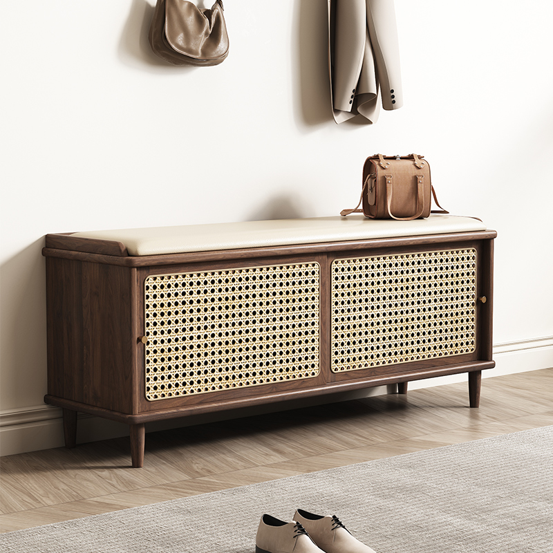 实木藤编鞋柜换鞋凳一体家用门口推拉门储物鞋柜入户可坐穿鞋凳