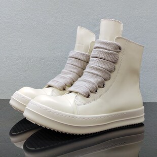 ro新款鞋子男真皮增高厚底真皮大孔粗宽鞋带高帮板鞋女四季短靴潮