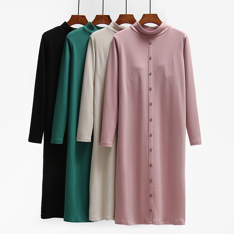 带胸垫半高领睡衣女护颈长袖睡裙女中长款纯棉内里宽松大码连衣裙