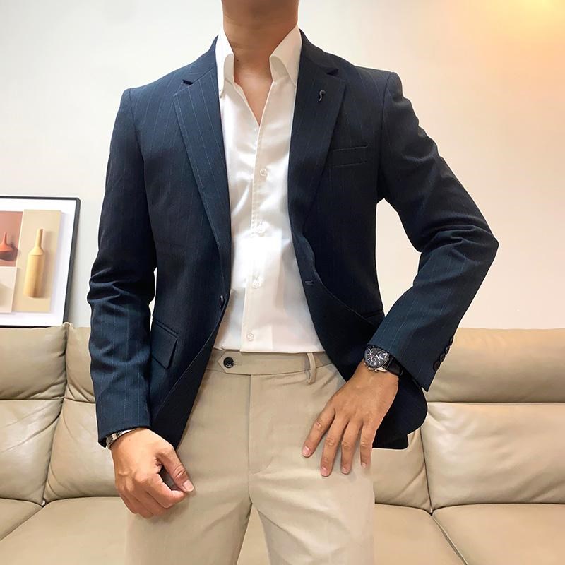 韩版英伦风时尚帅气条纹小西服外套男修身商务休闲西装外套上衣潮