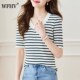 高端简约薄款 短袖 上衣 妈妈时尚 复古条纹针织衫 t恤女2025新款 夏季