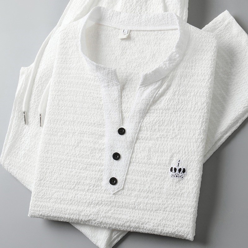 潮牌亚麻套装男士夏季薄款透气短袖运动休闲高端中国风棉麻两件套