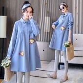 潮妈宽松中长款 孕妇秋装 纯棉衬衣 款 套装 连衣裙可爱2024年韩版 时尚