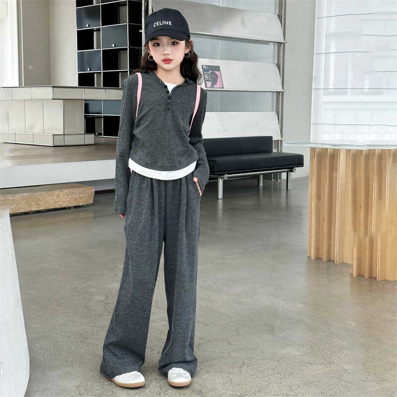 时尚阔腿裤休闲套装女童2024春秋季新款洋气假两件连帽卫衣两件套