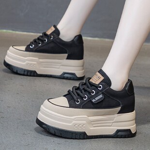 女2024春秋百搭显瘦7cm运动休闲厚底松糕鞋 真皮爆款 内增高老爹鞋