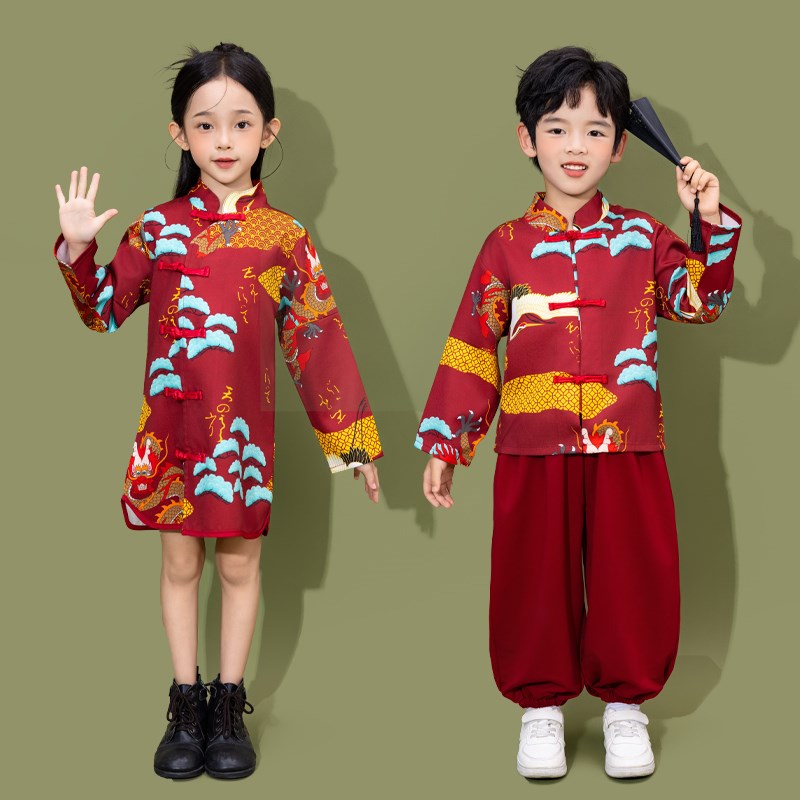 儿童2024春款唐装女童中国风汉服旗袍裙男童中式唐装国学服装套装