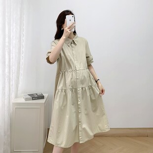 孕妇装夏季开衫连衣裙韩版宽松中长款收腰翻领衬衫裙时尚A字裙潮