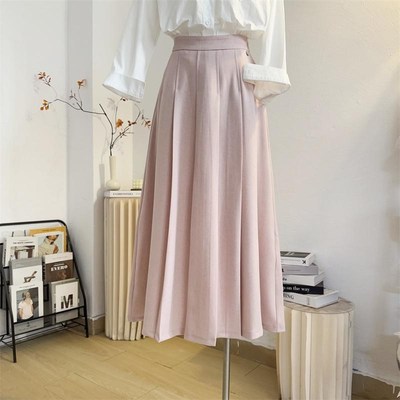 粉色西装百褶裙中长款半身裙女春夏高腰A字大摆褶皱气质西装长裙