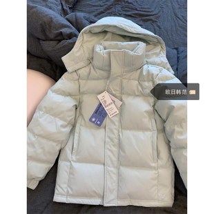 大码浅绿色短款连帽羽绒棉服女秋冬新款保暖防寒加厚宽松中戏外套