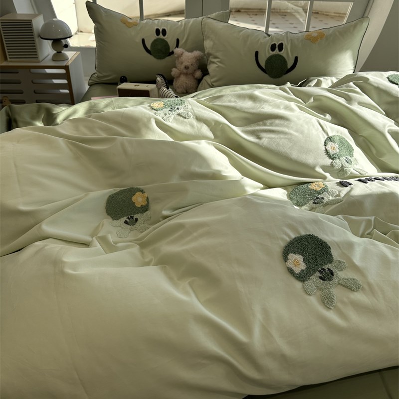 100支长绒棉卡通菜头宝宝毛巾绣四件套全棉纯棉1.5m1.8米床单被套