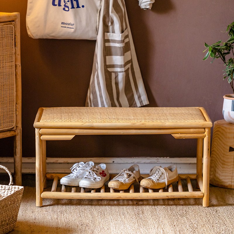 简约藤编换鞋凳家用门口日式穿鞋凳民宿门厅凳可坐收纳凳玄关长凳