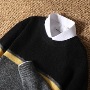 羊毛衫 圆领拼色毛衣青年针织衫 加厚暖线衣羊毛衣 羊绒衫 秋冬新男士