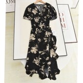 印花中长款 麦系2025夏季 气质V领气质百搭围裹式 鱼尾连衣裙