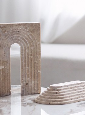 欧式宅寂风天然洞石几何摆件酒店样板间别墅桌面玄关家居软装饰品