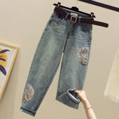 2024年新款 新中式 国风刺绣休闲直筒裤 春夏装 老爹萝卜哈伦牛仔裤 女