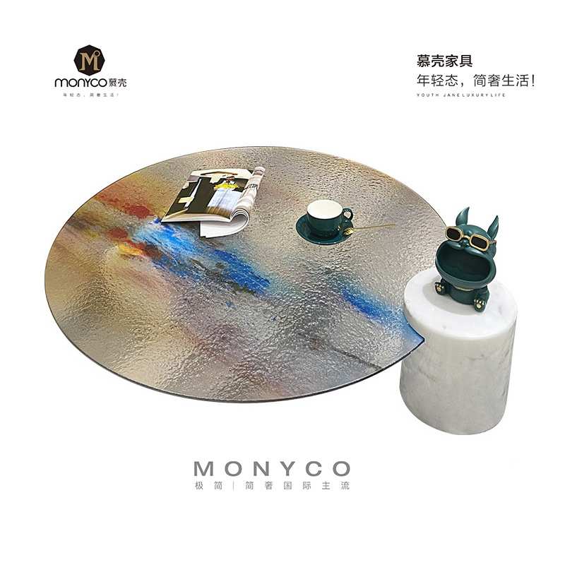 Baxter网红彩虹钢化玻璃茶几圆形现代简约轻奢小户型大理石水波纹