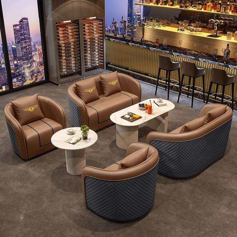 轻奢皮沙发洽谈桌椅组合欧式简约接待室办公会客沙发酒店一桌四椅