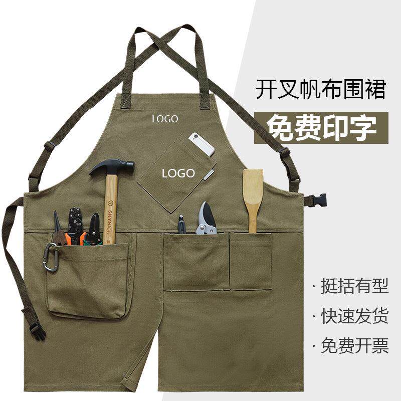 亚马逊跨境厚帆布围裙户外烧烤开叉多口袋围腰烧烤餐厅烘焙工作服