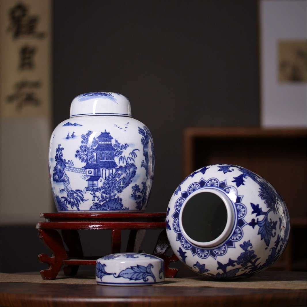 陶瓷摆件创意家居装饰电视柜工艺品带盖密封罐子圆形陶瓷储物罐