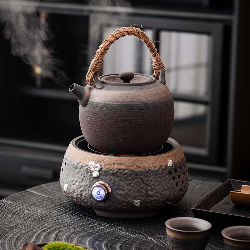 鎏金粗陶电陶炉复古围炉煮茶家用室内煮茶器陶瓷茶壶套装煮茶神器